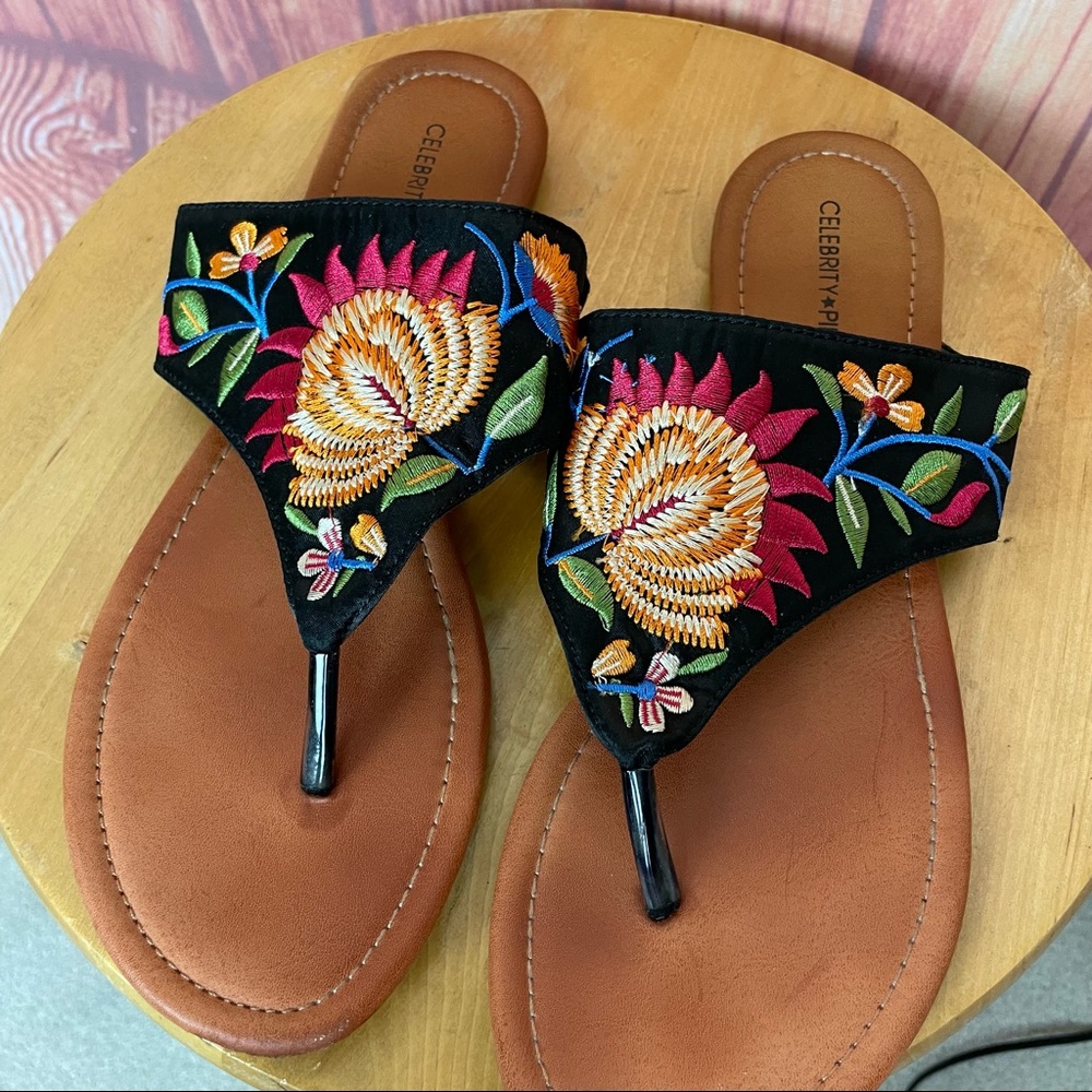 Celebrity Pink Black and Brown Sandals with Floral Embroidery